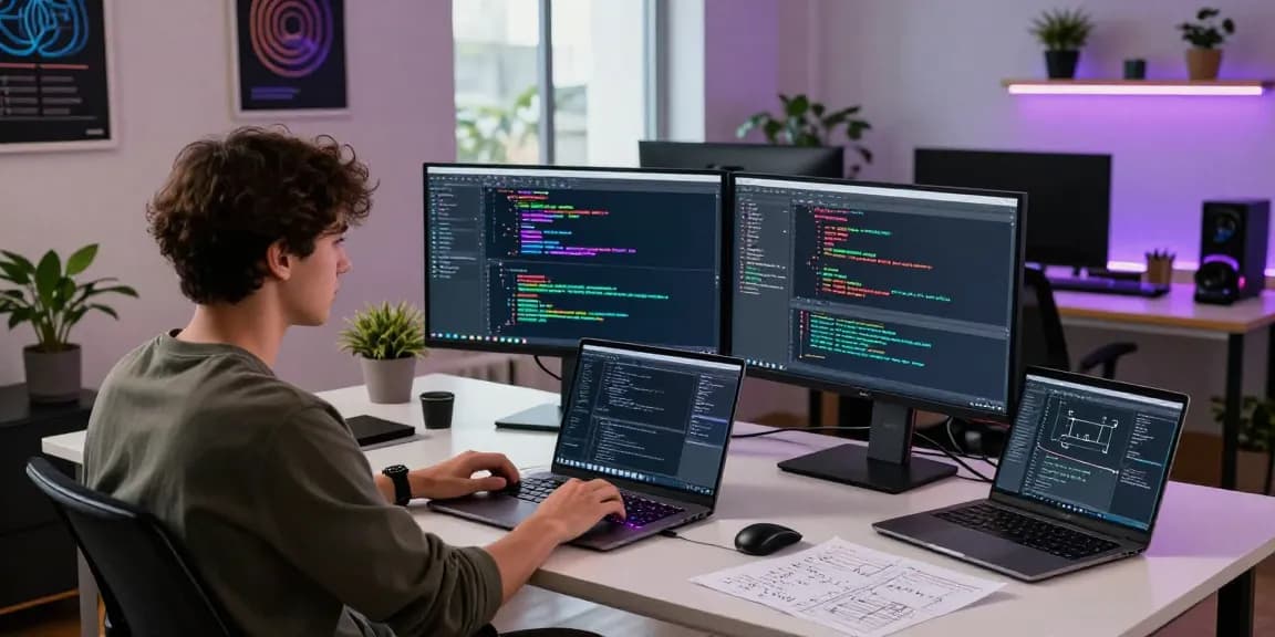 Developer at telegraimin.com workspace coding with multiple monitors and tech gadgets in a modern office environment.