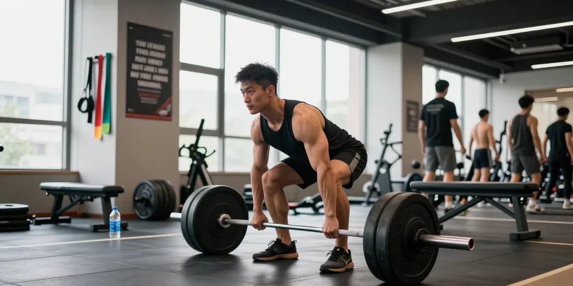 Kraftsportler im Steroidshop, der in einem dynamischen Fitnessstudio mit Gewichten und Widerstandsbändern trainiert.