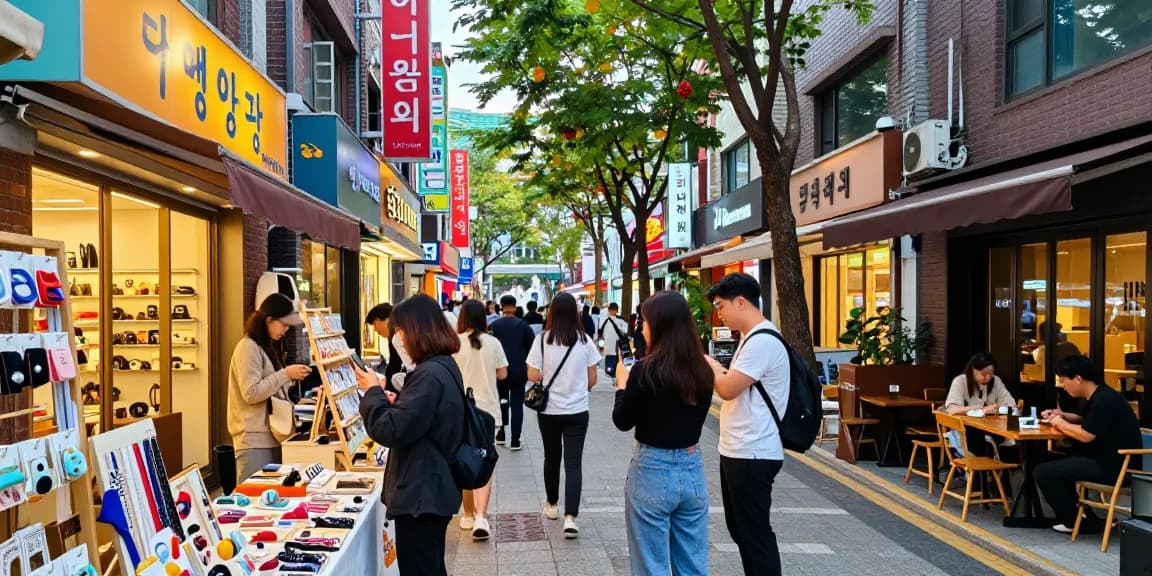 Exploring the vibrant shopping scene in Seoul's specialty district, showcasing unique products at local shops.