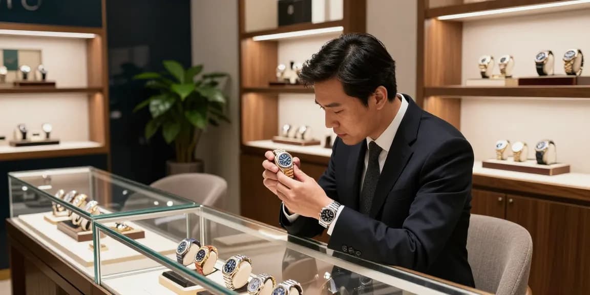 Replica watches showcased in a luxury boutique with a customer examining a stunning timepiece, exuding elegance and sophistication.