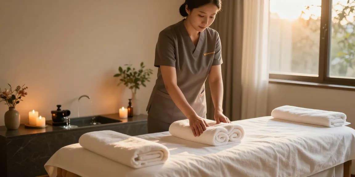 신촌출장마사지 therapist preparing a tranquil spa room with essential oils and calming decor for a relaxing session.