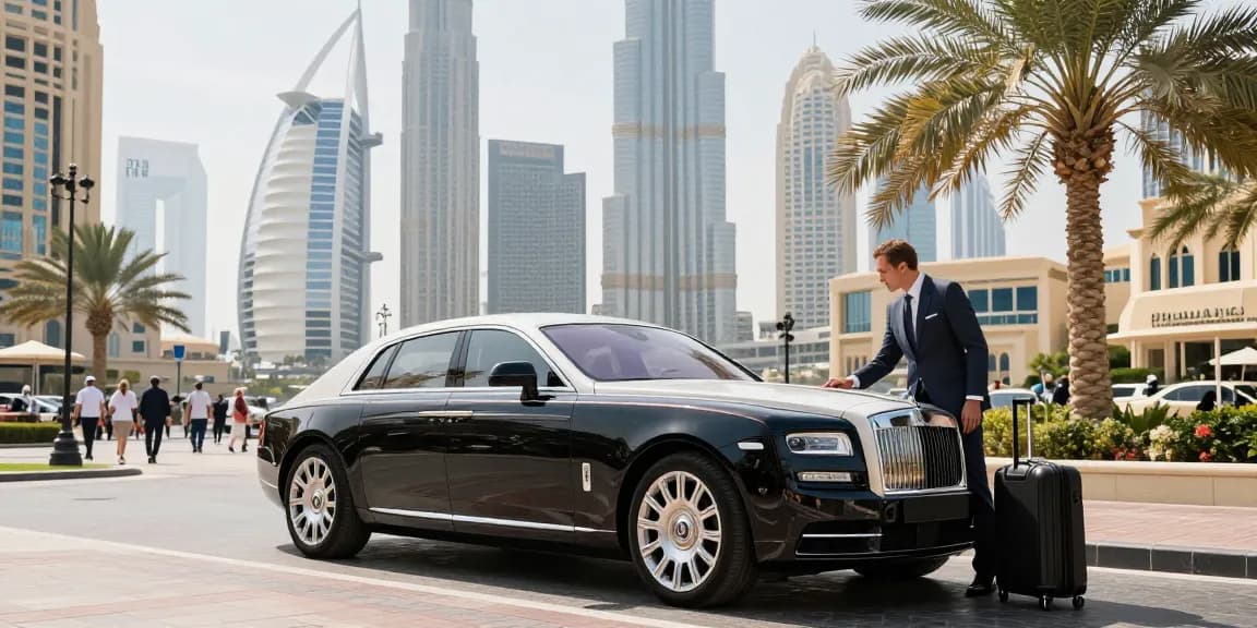 Mobil mewah LUXURY 777 terparkir di Dubai dengan latar belakang skyline yang megah.