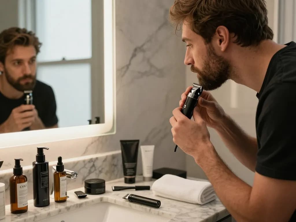 Trimmer Cyprus: Man expertly using an electric trimmer in a modern bathroom for grooming.