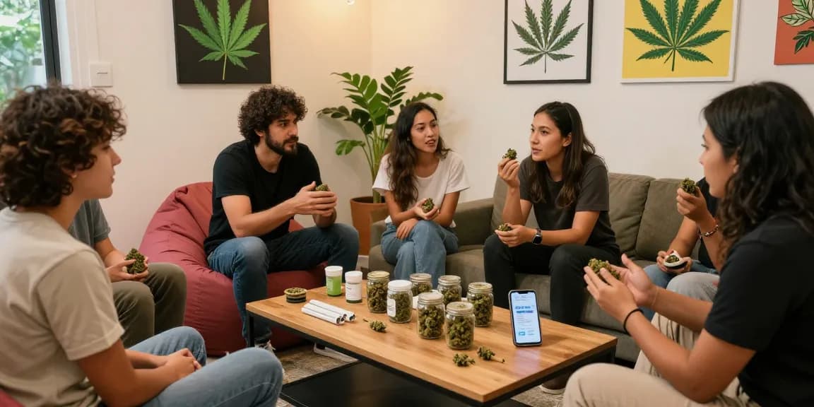 Engaging cannabis community discussing telegram weed strains and sharing tips in a cozy environment.