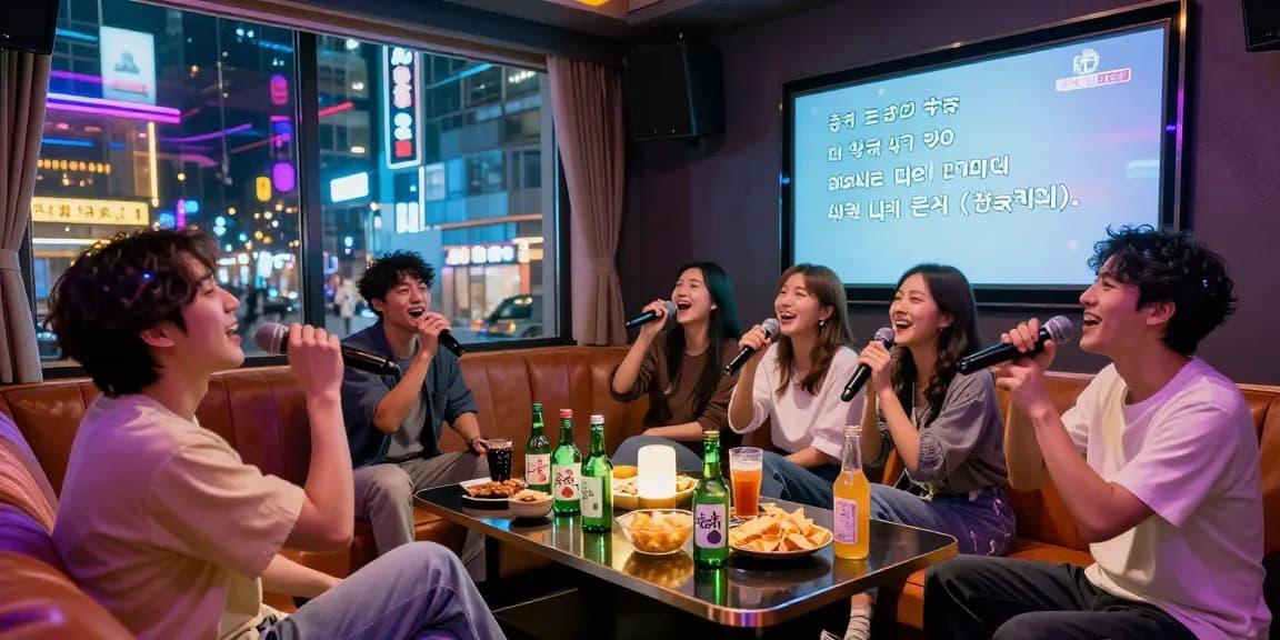 Friends singing at 강남가라오케 lounge, enjoying drinks, vibrant atmosphere.