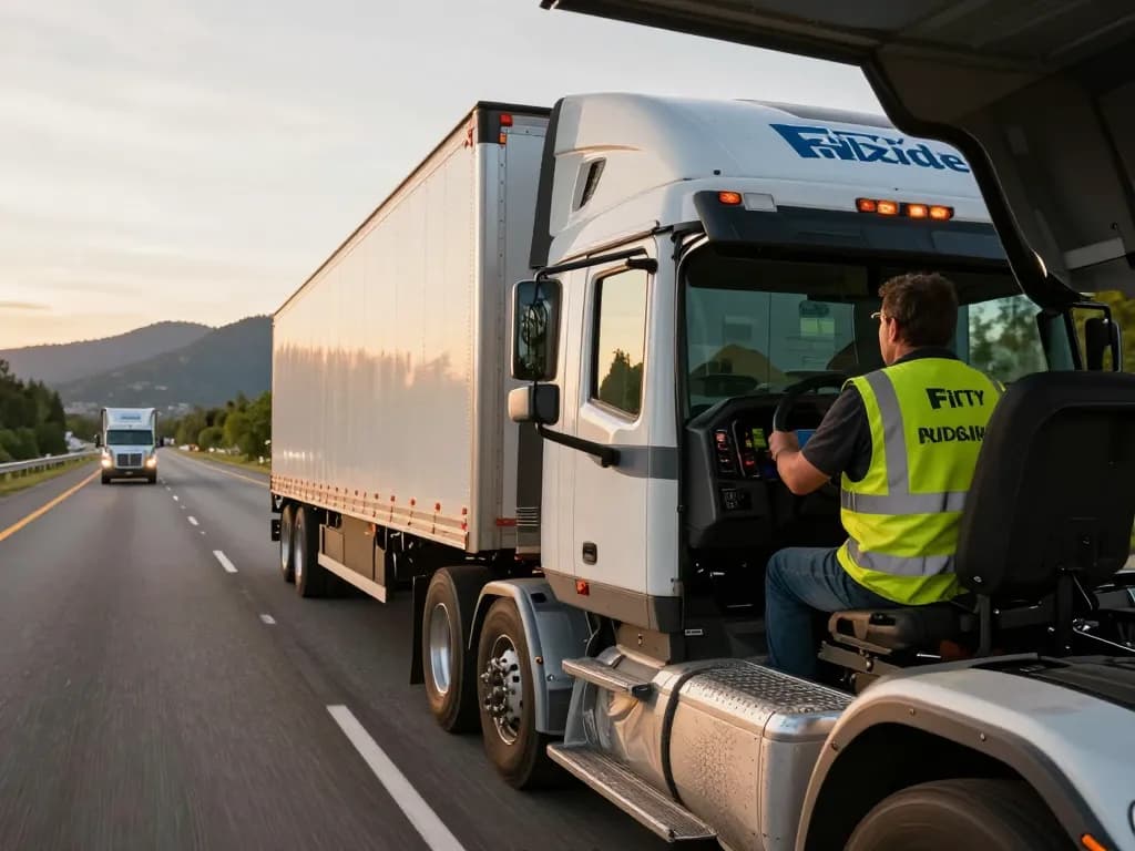 Quote for truck Insurance relevant scene with a semi-truck driver on an open highway during sunset.