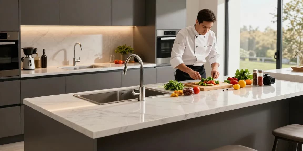 Contemporary kitchen with solid surface countertops company providing a luxurious cooking environment for meal preparation.