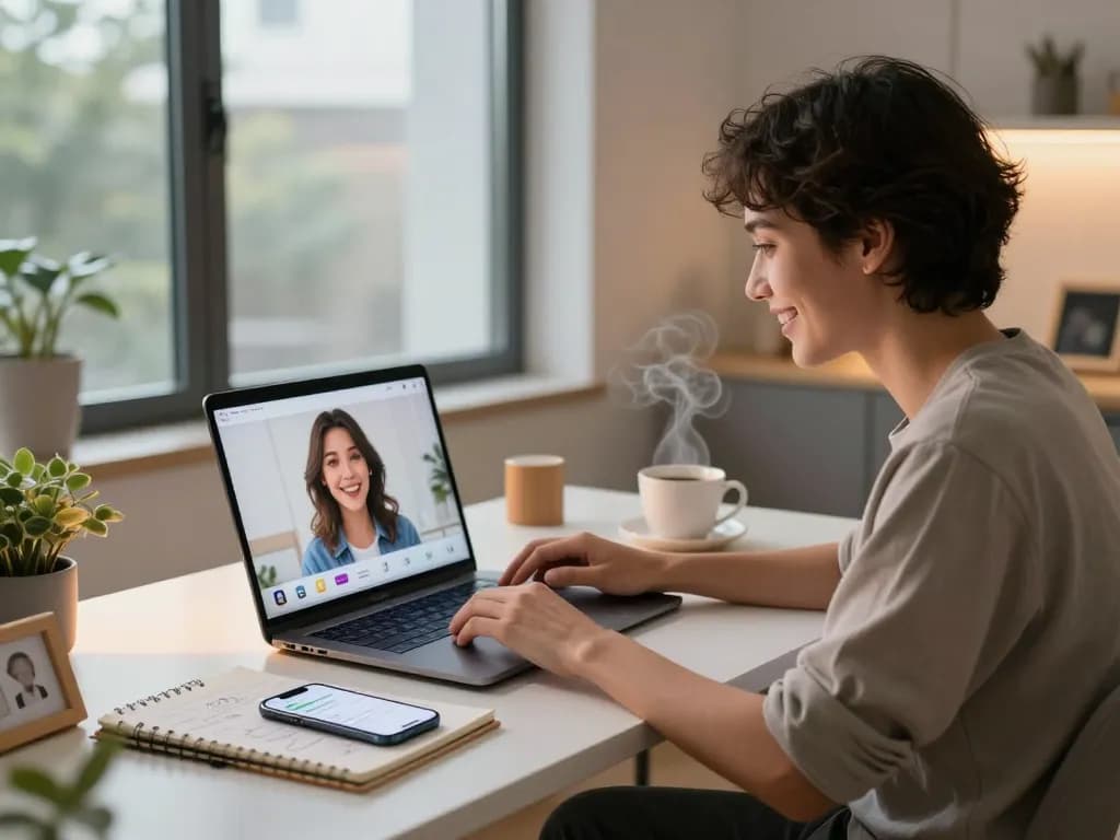 Engaging with a friendly AI girlfriend in a modern home office setting, highlighting the ai gf application.