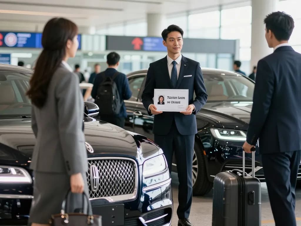 Airport transportation service with a professional chauffeur by a luxury Lincoln Continental outside O'Hare Airport.