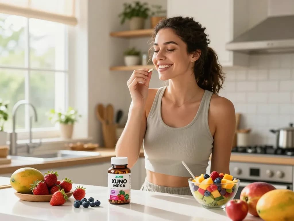 Xuno Mega tablet displayed in a bright kitchen, person happily taking the supplement with fresh fruits around.
