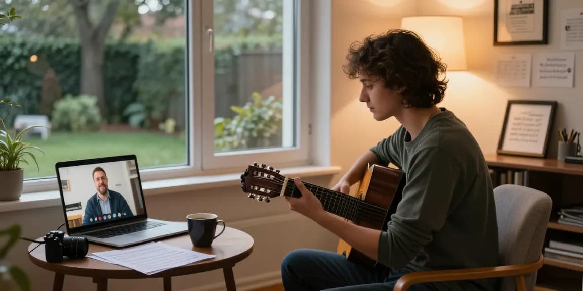 Engaging Zoom guitar lessons with a certified instructor in a cozy home environment.