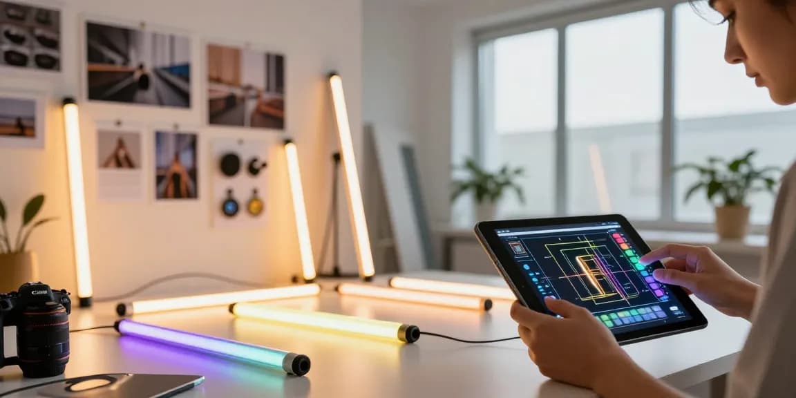 Banda LED de calitate premium într-un studio de design modern cu un profesionist creativ ajustând culorile și lumina.