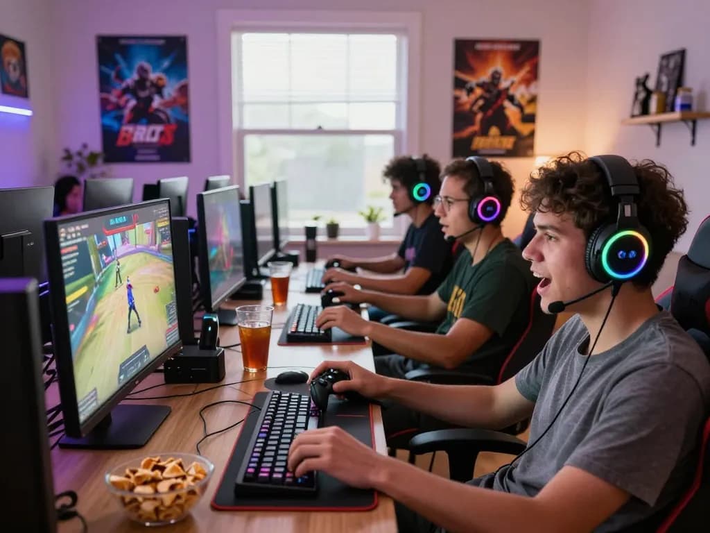 Gamers in a vibrant living room enjoying dragon77 online games with excitement and snacks.