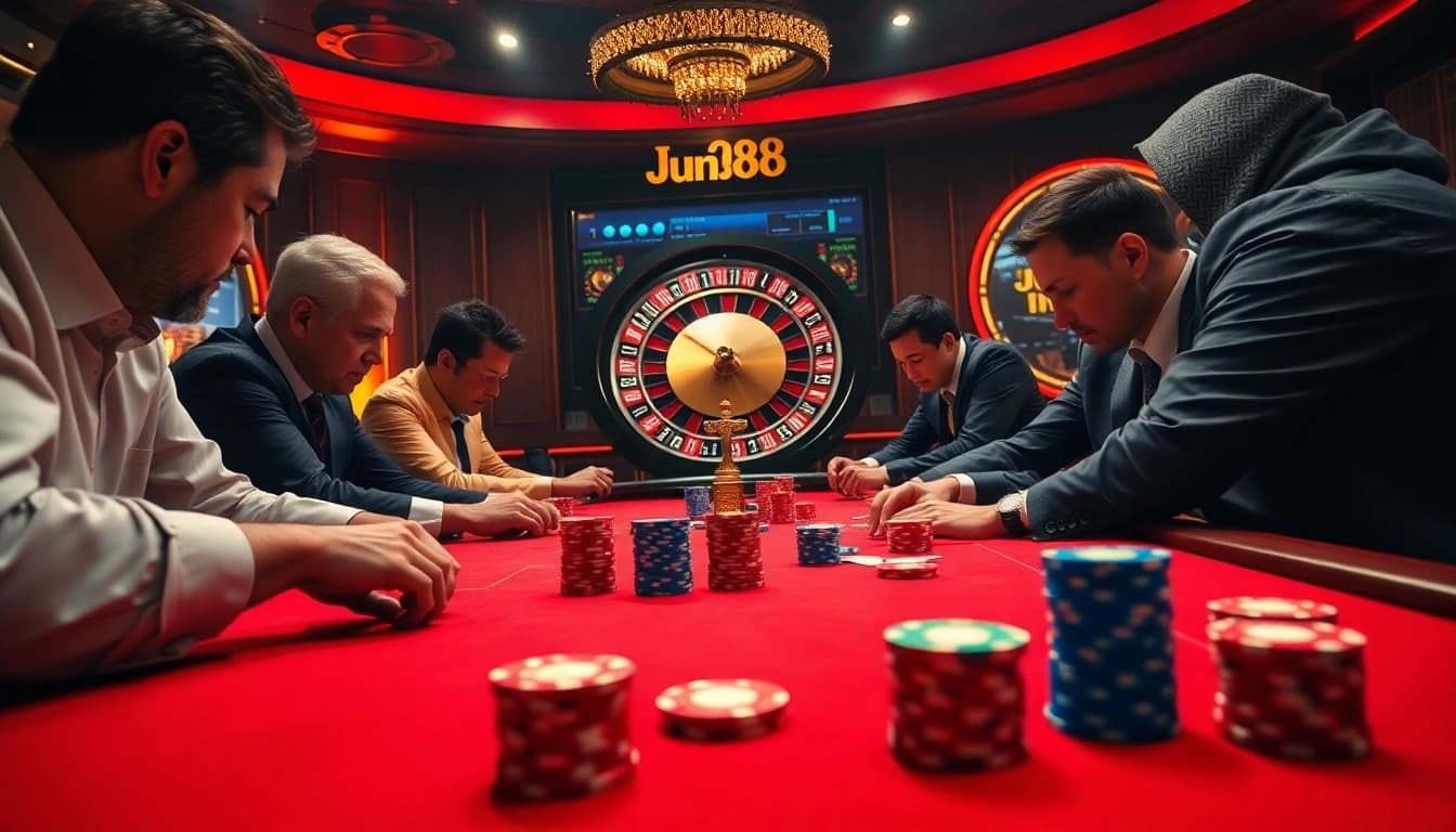Jun88 poker game in action with excited players and vibrant chips.
