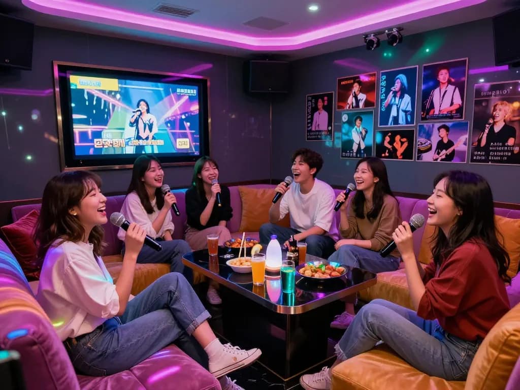 https://www.3no.org/bupyeong의 신나는 프라이빗 노래방 경험, 다채로운 장식, 친구들과 함께 음악을 즐기는 모습.