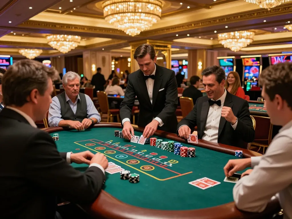 8day players enjoying a high-stakes blackjack game in a luxurious casino setting, excitement palpable.