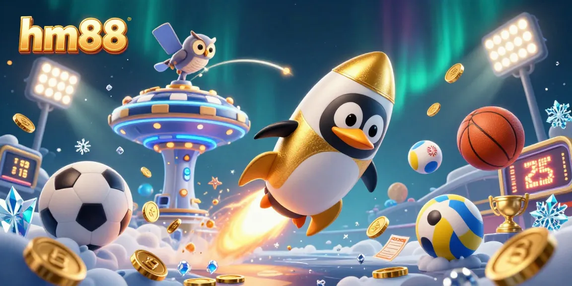 Engage with cutting-edge gaming experiences at hm88, featuring a golden penguin and casino elements in space.