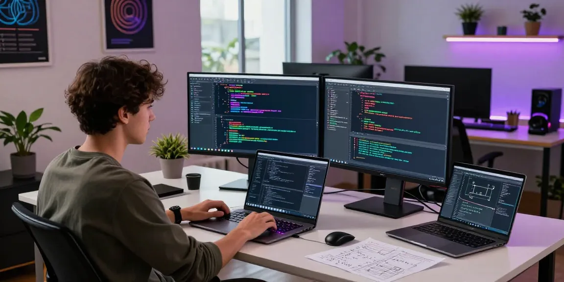 Developer at telegraimin.com workspace coding with multiple monitors and tech gadgets in a modern office environment.