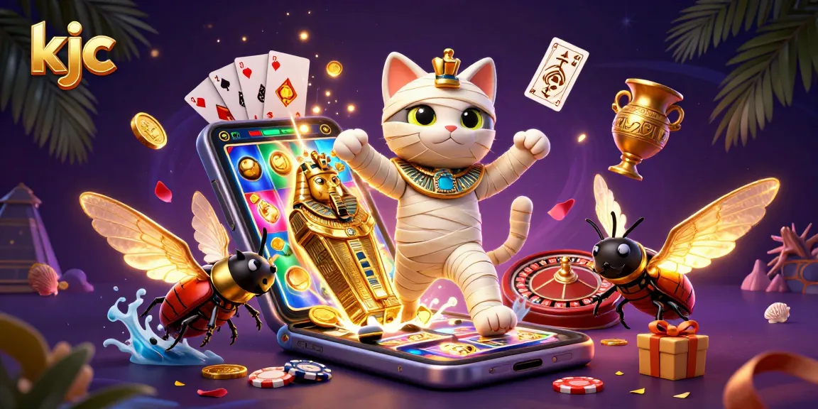 Engage in thrilling casino adventures with kjc, featuring an Egyptian mummy cat and a scarab beetle.