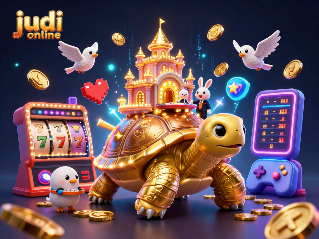 Engage with judi online at a vibrant 3D casino scene featuring a golden tortoise and a rabbit dealer.