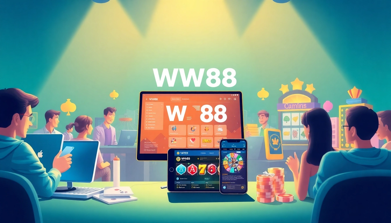 Engaging scene of diverse players enjoying games on WW88 online gaming platform.