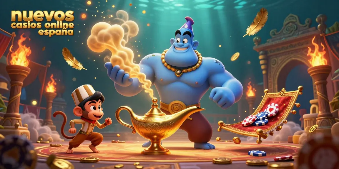 Experience the thrill of nuevos casinos online españa with a dynamic 3D illustration featuring a genie, magic carpet, and poker chips.