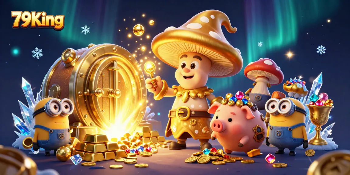 Experience the magic of 79King with golden treasures, vibrant characters, and enchanting casino elements.