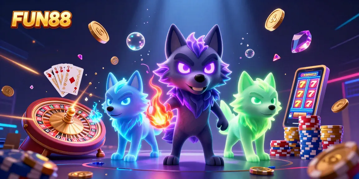 Win big at FUN88 with a dynamic 3D illustration of gambling elements and energetic characters.