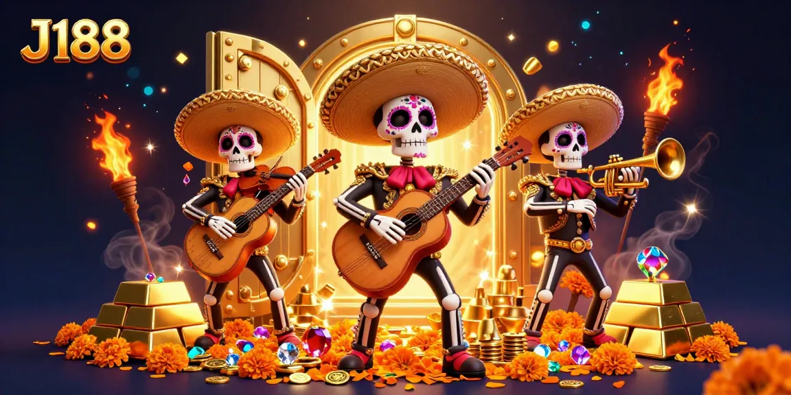 Experience the thrill of J188's vibrant online casino scene with festive mariachi skeletons and golden treasures.