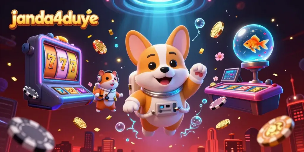 Janda4duye memberikan pengalaman kasino luar angkasa dengan karakter corgi astronot di dalamnya, dikelilingi elemen permainan slot.