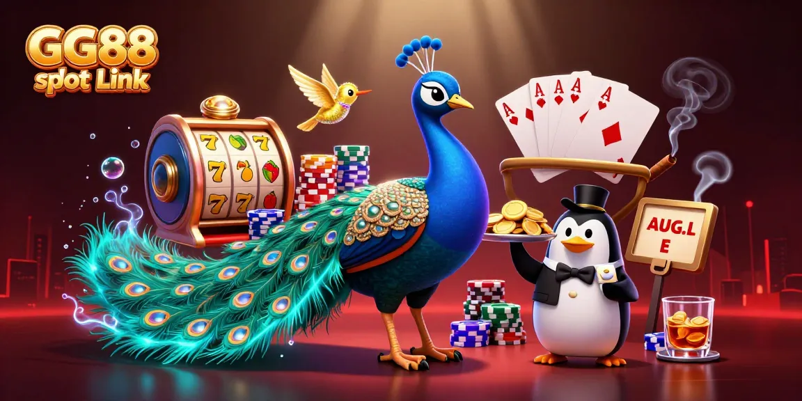 Experience excitement with GG88 slot Link showcasing a whimsical peacock, penguin butler, and hummingbird in a rich casino scene.