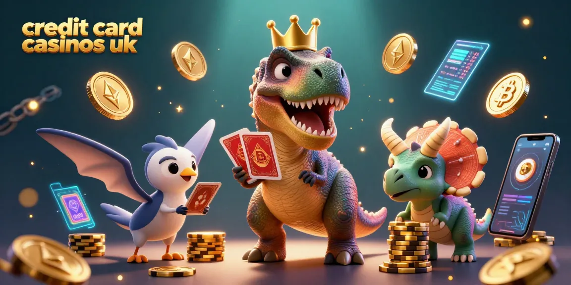 Engaging scene of a friendly T-Rex and pterodactyl at credit card casinos uk, enhancing gaming excitement with golden chips and cards.