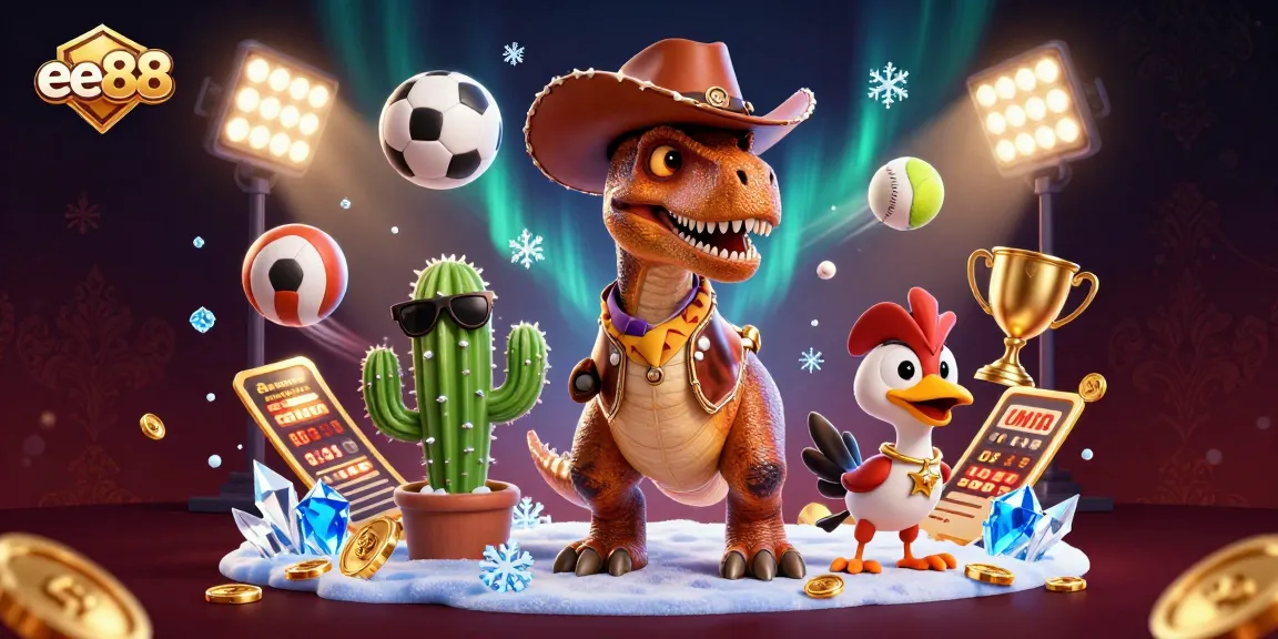 Experience exciting wins with ee88 as a playful dinosaur and friends enjoy sports betting fun!