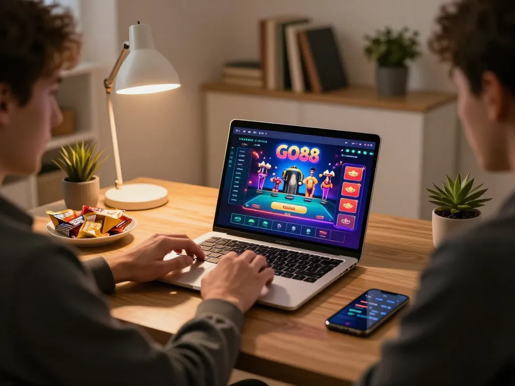 Engaging in GO88 online gaming with a vibrant interface, cozy home environment, and strategic snacks