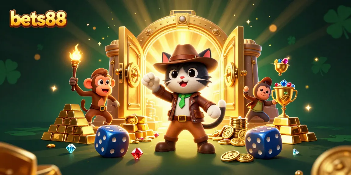 Experience the excitement at bets88 with a vibrant 3D illustration featuring a cartoon explorer cat uncovering casino treasures.