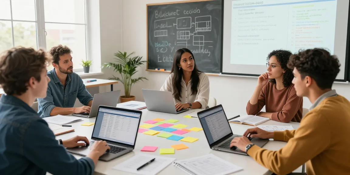 Teachers using EMStudio online teacher planner for effective classroom management and lesson planning in a collaborative educational setting.