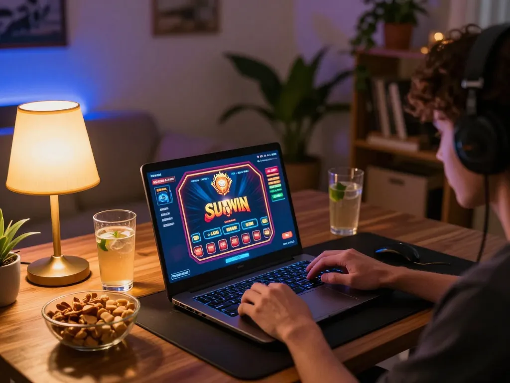 Engaging with the Sun win online casino platform on a cozy gaming setup, highlighting strategic gameplay.