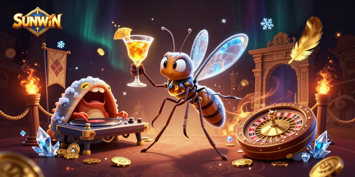 SUNWIN invites players to enjoy a sophisticated casino experience with a vibrant digital scene featuring a colorful mascot and DJ.