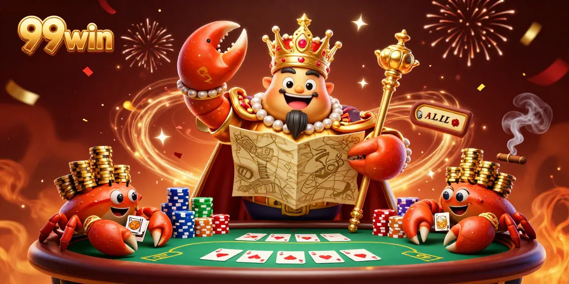 Experience the excitement of 99win with a vibrant 3D casino scene featuring a crab emperor and poker elements.