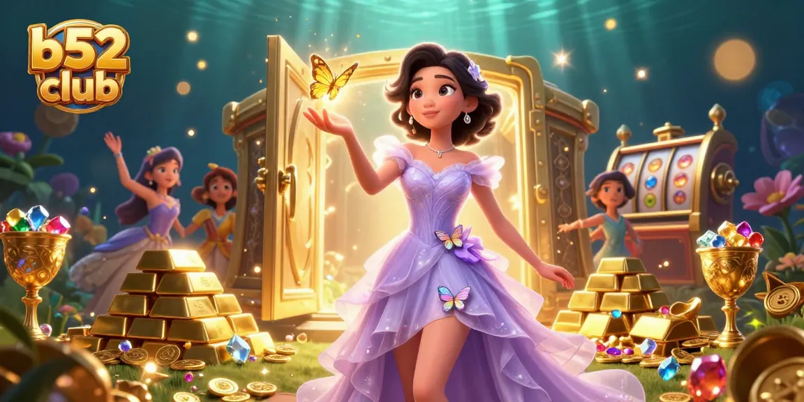 Experience the excitement of gaming at b52 club with a stunning Asian woman in a magical garden filled with treasures.