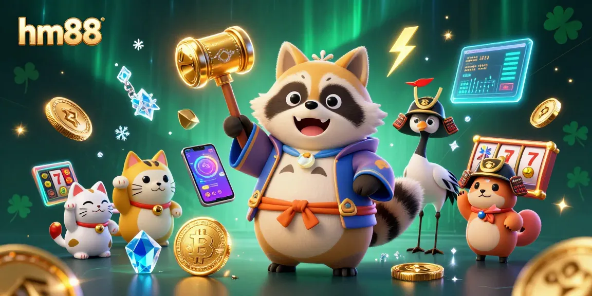 Engage with the vibrant hm88 scene showcasing a cheerful tanuki in a festival outfit and colorful maneki-neko