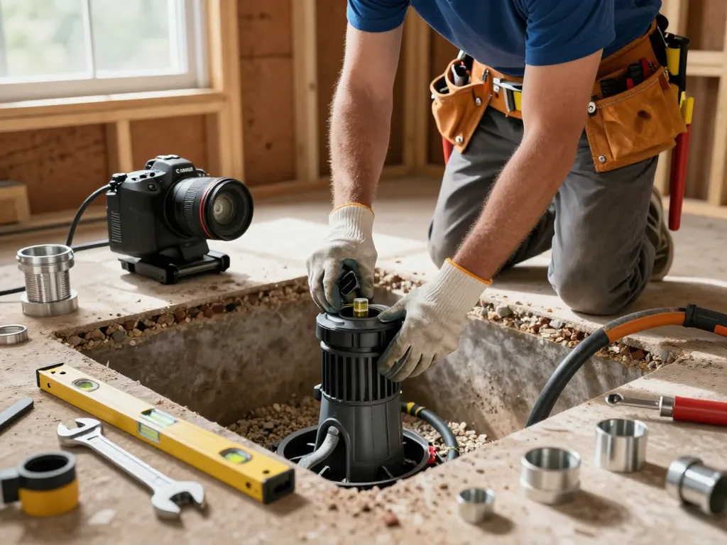 Sump pump installation process being performed by a technician in a well-lit basement, showcasing tools and equipment.