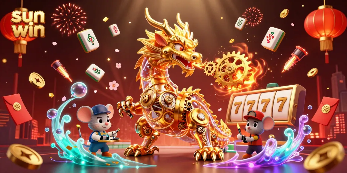 Experience sun win with a vibrant 3D casino scene showcasing a dragon, golden elements, and animated game features.