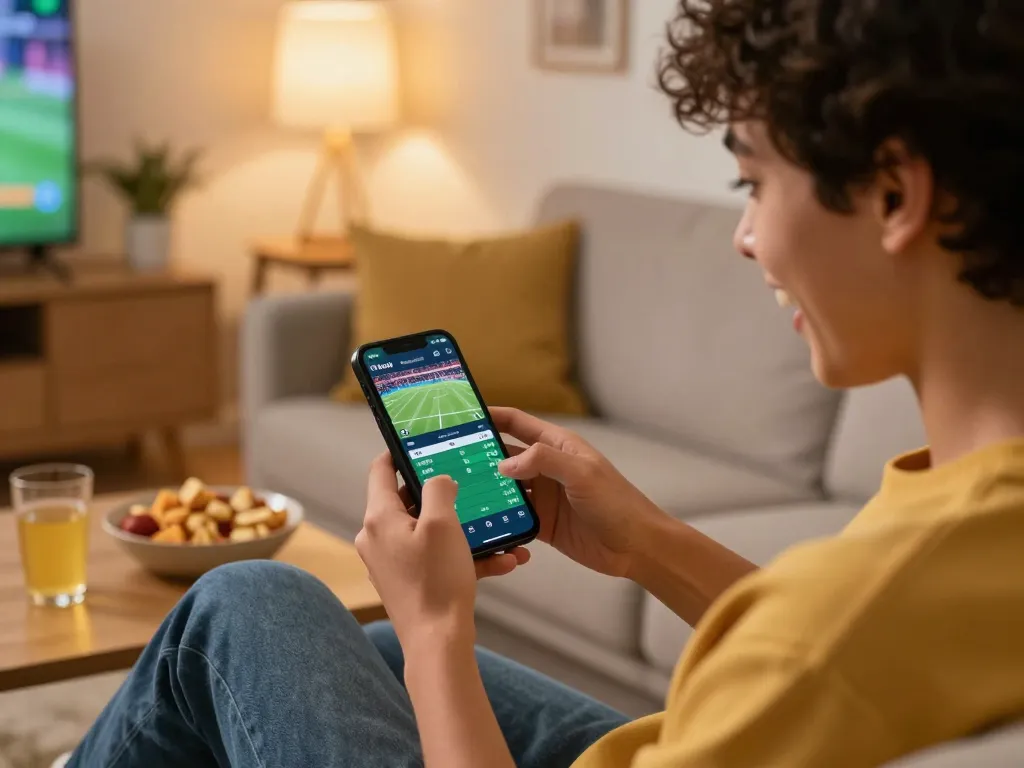 F8BET user excitedly analyzing sports betting odds on their smartphone while enjoying a cozy home atmosphere.