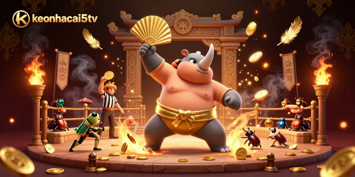 Experience the thrilling atmosphere of keonhacai5tv with beetle champions stomping coins amidst rich casino visuals.