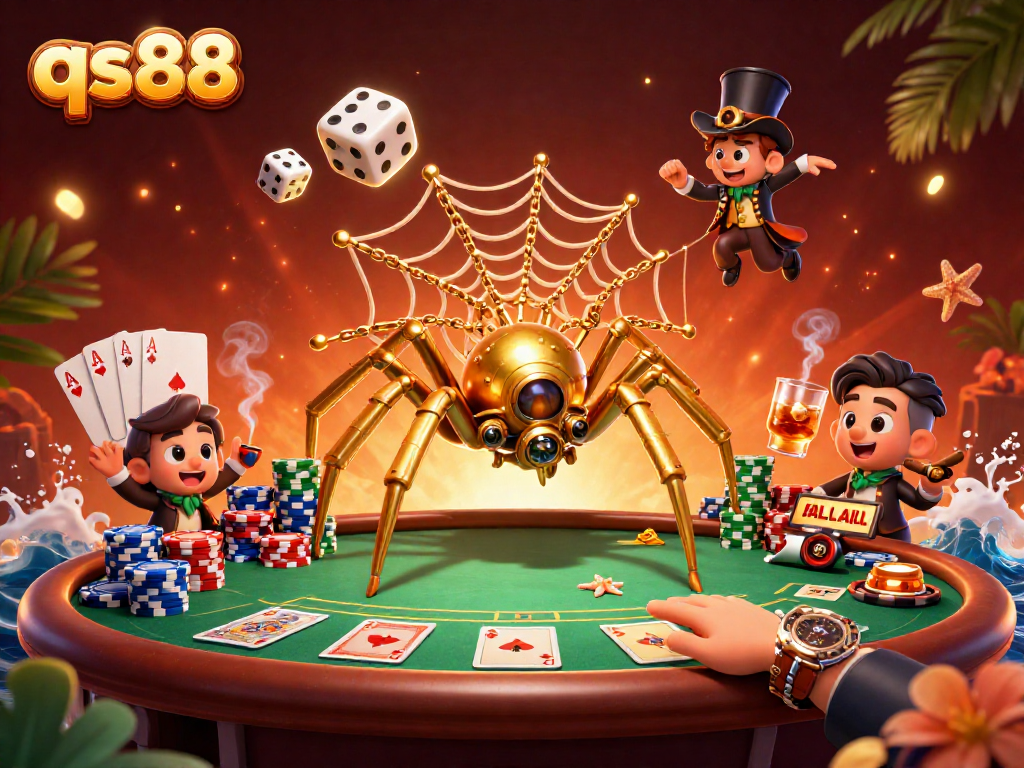 Experience exciting poker action at qs88 with a steampunk spider in a vibrant casino scene!