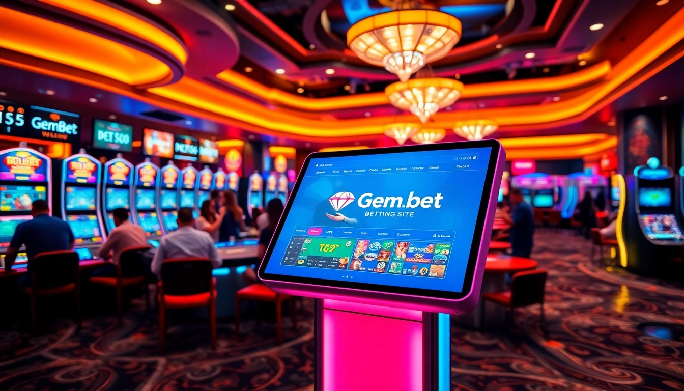 Users engaging with the GemBet Betting Site at a lively casino, showcasing modern gaming technology.