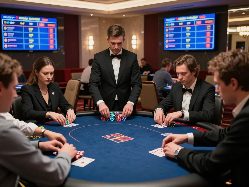 Players strategizing and placing bets at a competitive poker game in 8xbet's luxurious casino setting.