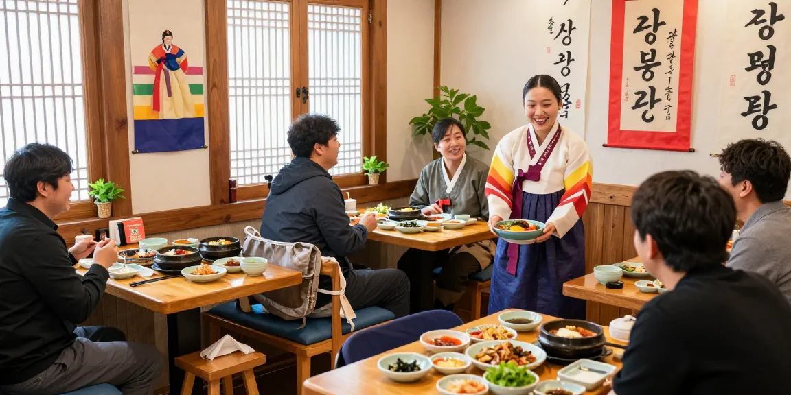 Enjoying authentic Korean cuisine at 상봉동 한국관 restaurant with vibrant decor and welcoming atmosphere.