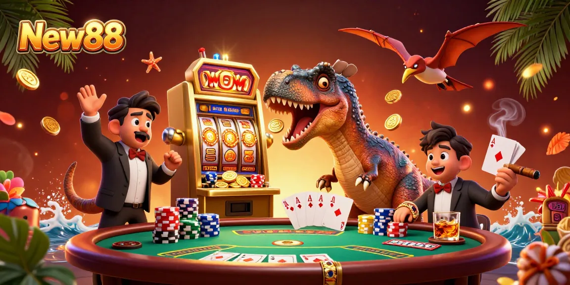 Catch golden coins with New88's dynamic casino scene featuring thrilling characters